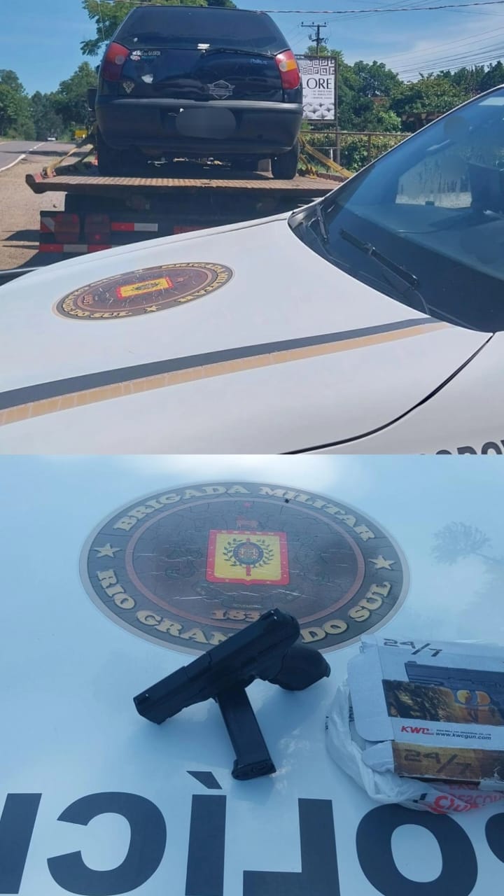 Foto Brigada Militar prende dupla com veículo adulterado e apreende simulacro de arma de fogo, em Nova Petrópolis